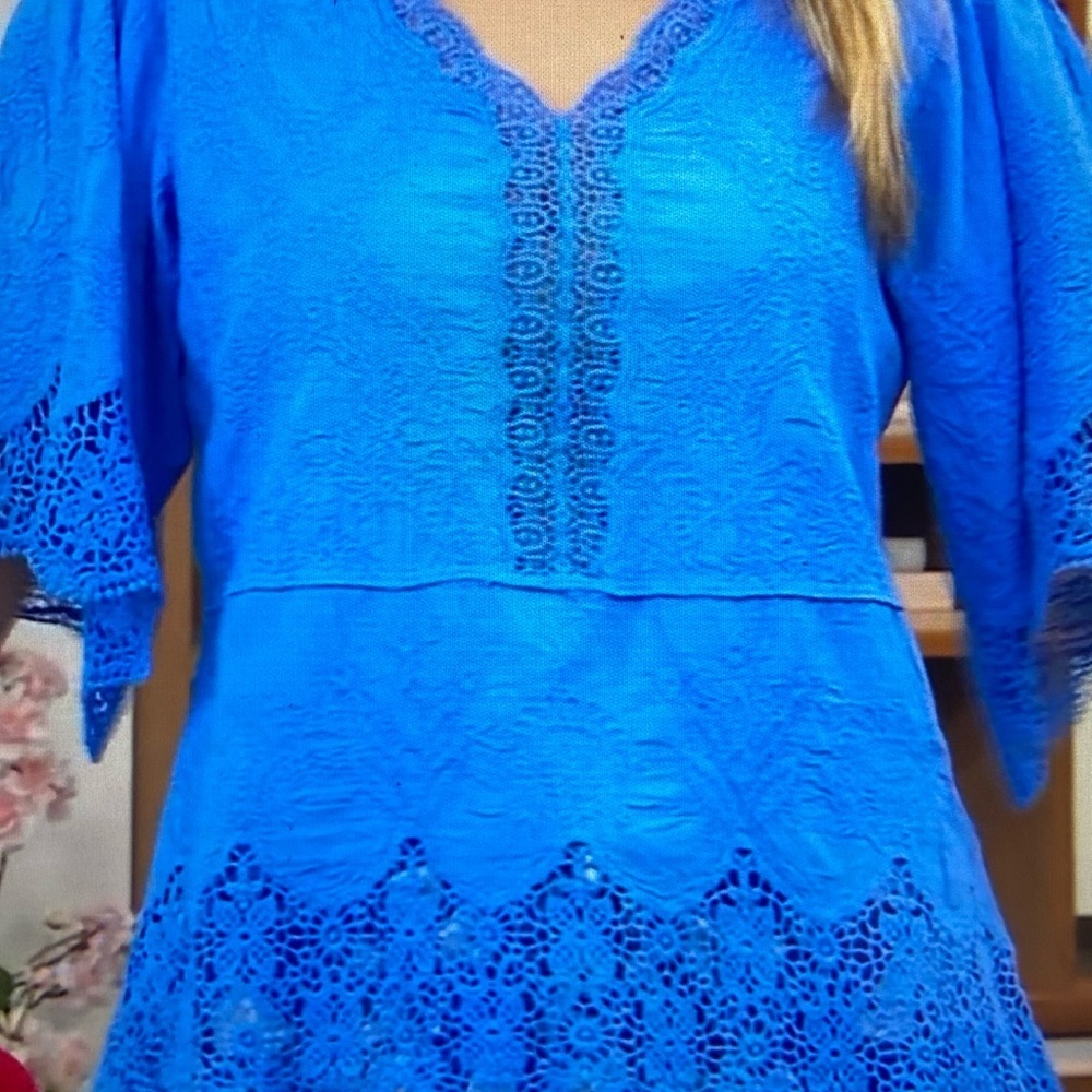 Democracy Woven Cotten Crochet Trim Peplum Top Cerulean Blue S - Picture 2 of 16